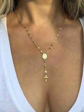 1pc Vintage Fashionable Cross Pendant Long Necklace Chain, Versatile For Party, Daily Wear, Gift, Sweater Chain, Suitable For Valentine's Day, Girlfriend, Best Friend