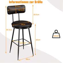 Rosahqnda Lot de 2 tabourets de bar, chaises de cuisine, assise rembourrée, revêtement , style classique et moderne du milieu du siècle, hauteur 65 cm, pour cuisine, salle à manger, bar, noir - Noir-2 pièces - Voir 8