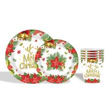 10 Stücke Weihnachts-Teller mit Weihnachts-Elch-Glocken-Kranz Einwegteller Party Zubehör, Weihnachtliche Geschirr-Serie mit Stechpalme beinhaltet: Pappteller, Dessert-Teller, Pappbecher und Servietten, perfekt für fröhliche Weihnachtsfeier Dekoration Neujahr