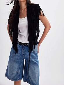 Women Tassel Vest Y2K Sleeveless Fringe Wide Eyes Suede Collar Shawl Open Front Boho Western Jacket Cardigan - 黑色 - 查看 5