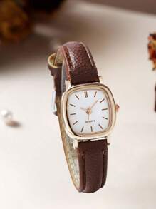 1 件女士棕色 PU 皮革表带时尚条形刻度表盘休闲简约风格石英手表，适合日常佩戴 - 棕色 - 查看 2