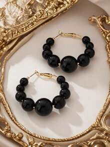 1pair Fashion Boho Style Lightweight Golden Tapered Beaded Acrylic Balls Design Hoop Earrings Suitable For Daily Wear, Party, And Beach Outings As Gifts