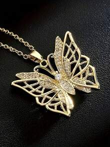 1pc Hollow Butterfly Pendant Necklace For Women - Gold Stainless Steel Jewelry With Details Elegant Gift - Vàng - Xem 4