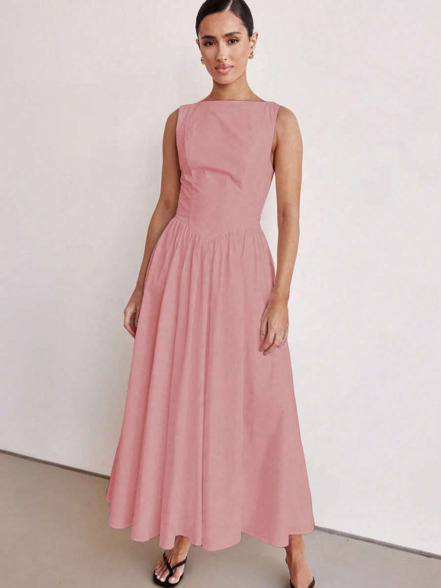 MODA MO, REF: H978 Women's Dress, Long Dress, Sleeveless, Round Neckline, High Waist, Backless, Zipper Dress, Slim Model, A-Line Dress, Elegant, Modern, Light, Comfortable, Versatile, Refined Look, Casual Chic Dress, Event Dress, Sophisticated Look, Summer Dress, Quality Finish, Feminine Style. - 淺粉色 - 查看 1