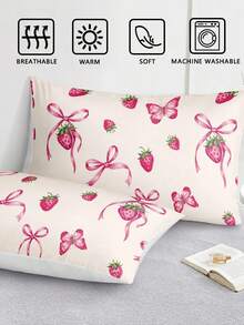 3 件套可爱手绘草莓与蝴蝶结数码印花羽绒被套（1 个羽绒被套 + 2 个枕套，无填充物），柔软涤纶纤维，适用于卧室、宿舍、返校季 - 彩色 - 查看 7