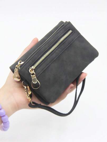 Cartera corta negra con cremallera doble, billetera de muñeca de cuero PU mate de alta calidad con estilo vintage europeo y americano, compacta y cuadrada, plegable y expandible, con múltiples ranuras para tarjetas y soporte para entradas, regalo/presente para fiestas