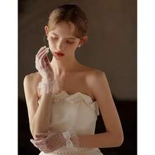 Local Shipping 2025 New  Short Lace Mesh Gloves Tulle Border With Pearls Wedding Opera Tea Party Gloves For Women Formal - Ivory-2 - 查看 3