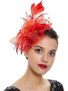 Ibeauti Fascinator Hats With Screentouch Lace Gloves Set Women Tea Party Cocktail Wedding Derby Headwear Short Gloves - 02 Red - 查看 3