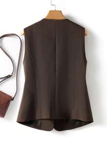 女士时尚垂坠短款西装背心，修身通勤无袖夹克，春秋季 - 咖啡棕 - 查看 2