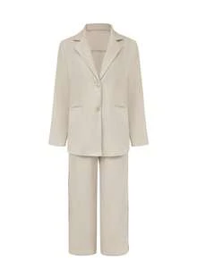 Women's 2pcs Solid Fall Suit Set, Long-Sleeve Button Blazer & Webbing-Design Pants, Suitable For Office & Daily Outfits - Light Khaki - View 2