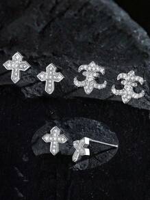 1 Pair/2pcs Punk Style Rhinestone Shield Stud Earrings, Geometric Cubic Zirconia Copper Plated, Unisex Fashion Earrings For Daily Wear And Parties, Suitable As Valentine's Day Or New Year Gift - Multicolor - View 8