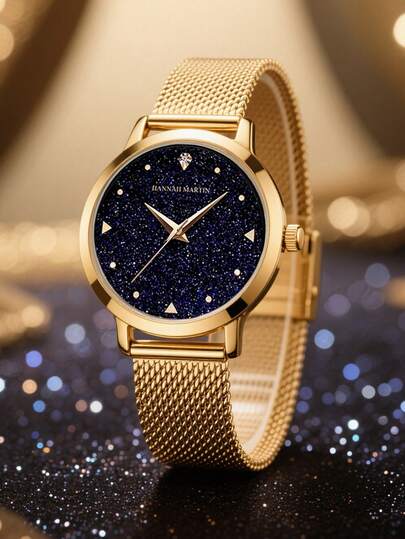 HANNAH MARTIN 1pc Women's Starry Sky Romantic Watch, 3ATM Waterproof, Gold & Rose Gold Stainless Steel Mesh Strap, Japanese Quartz Movement, 36mm Round Case, Crystal-Decorated Dial, Fashionable & Timeless Women's Watch, Comes With Black Gift Box, Suitable For Gifting To Girlfriend & Mother