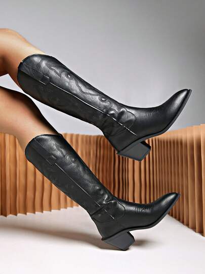 Botas de media pantorrilla bordadas para mujer, estilo western negro, punta puntiaguda, tacón de bloque, sin cordones, botas ecuestres para mujer, adecuadas para otoño e invierno.