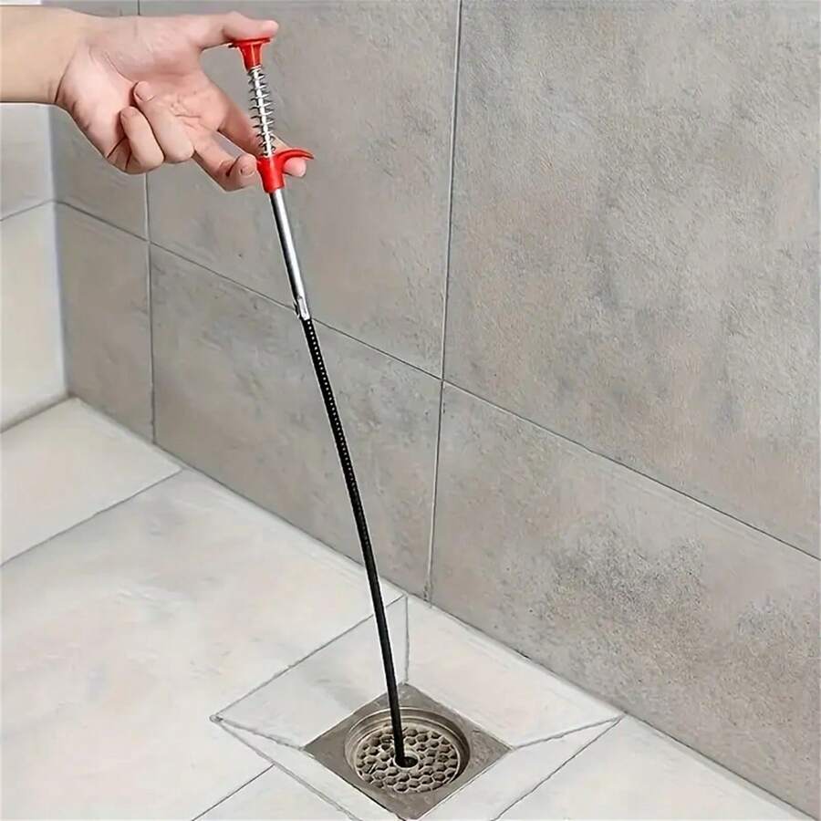 1pc 60cm Manual Drain Cleaner Tool - Soft Metal & Plastic Hair Clog Remover For Shower, Kitchen Sink, Bathroom Tub Pipes, Flexible Cable With Red Handle, No Battery Required, Metal Appearance With Plastic Components Kitchen Items Kitchen Accessories Kitchen Tools