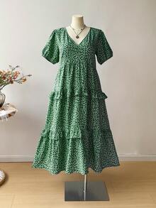 Rusttydustty Đầm ngắn tay bèo nhún màu xanh dương kiểu bohemian họa tiết hoa nhí dành cho nữ cỡ lớn, thích hợp cho kỳ nghỉ hè, thanh lịch. - màu xanh lá - Xem 3