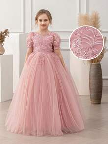 少女粉色蕾丝边深V露背网纱毕业优雅公主裙，适合女孩穿着，可用于生日派对、婚礼、花童、伴娘、特殊场合和庆典、毕业典礼等。 - 粉色 - 查看 11