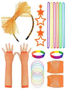D EXCEED 4/5 pièces Ensemble d'accessoires rétro néon des années 80 pour femmes, collier de perles à tenue rétro, serre-tête à nœud en dentelle, gants résille, lunettes de soleil à stores vénitiens, boucles d'oreilles éclair, essentiels pour fête rétro Halloween