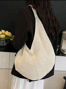 大容量钩编单肩手提包 - 轻便多功能针织涤纶手提包，米色、浅蓝色、棕色、黑色可选，适合旅行、海滩、度假和日常使用，大容量手提包，沙滩包 - 米色 - 查看 5