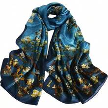 100% Mulberry Silk Scarf For Women Lightweight Long Scarves Beach Wraps Cover Up -Travel Photography Scarfhalloween - 藏蓝色 - 查看 1
