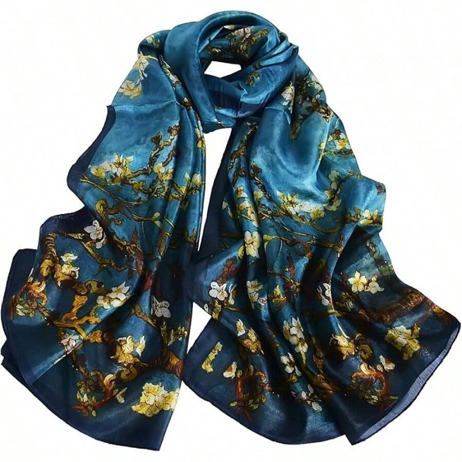 100% Mulberry Silk Scarf For Women Lightweight Long Scarves Beach Wraps Cover Up -Travel Photography Scarfhalloween - 藏蓝色 - 查看 1