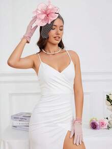 Ibeauti Fascinator Hats With Screentouch Lace Gloves Set Women Tea Party Cocktail Wedding Derby Headwear Short Gloves - 04 Pink - 查看 5