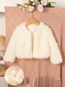 Girls' Casual Solid Color Round Neck Long Sleeve Fuzzy Warm Jacket Coat Outerwear, Autumn/Winter