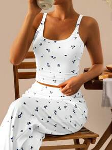 GAOVOT Women's Two Pieces Summer Home Leisure Sports Running Exercise Print Sleeveless Vest Top And Loose Wide Leg Straight Pant Suit - White - View 6