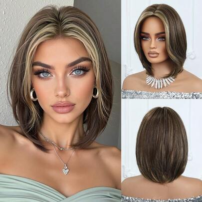 12英寸浅金色，深色发根，黑白相间中分短直发假发，美丽日常女士合成假发。彩色合成假发，适用于角色扮演，高温丝材质，女士中分直发假发，节日及日常时尚风格合成假发，编织假发，适合万圣节和圣诞节。