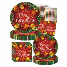 10 قطعة من أطباق وفوط ورقية مجموعة لحفلة عيد الميلاد بألوان أحمر وأخضر، أجراس، شجرة عيد الميلاد، مناسبة لحفلة عائلية بموضوع عيد الميلاد