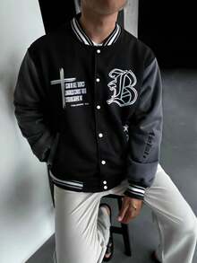 1pc Men's Spring/Autumn Fleece Baseball Jacket, Fashionable Casual Streetwear, Suitable For Commuting, Hiking, Loose Fit