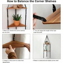 YF10 Macrame Corner Shelf Wall Hanging 2 Tier Black Corner Floating Shelves Boho Wall Decor Rustic Wooden Plant Shelf Storage Rack For Bedroom Living Room Bathroom - BlackShelf - 查看 4