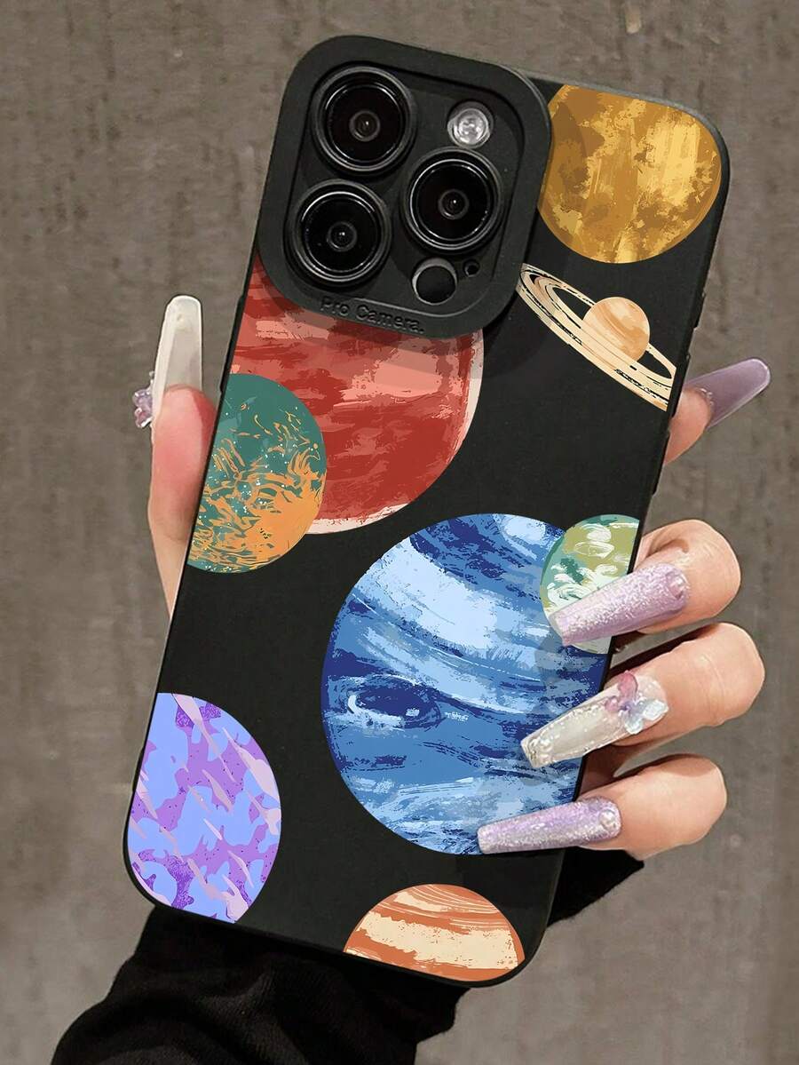1pc Artistic Textured Cosmic Planet Pattern Black Cat Eye Full Coverage Soft Phone Case Compatible With IPhone 11/12/13/14/15/16 Pro Max - Multicolor - View 1
