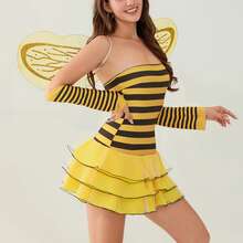 Women Halloween Costumes Outfit Sleeveless Ladybug Bee Adult Cosplay Costume Dress Up With Headband Wings - 黃色 - 查看 2