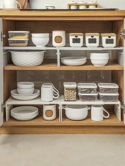 1pc/2pcs Expandable Kitchen Organizer Rack, Plastic Countertop Cabinet Organizer With Adjustable Shelf Dividers For Spices And Cookware Storage, No Assembly Required, Tiered Shelf, Utensil Rack. (If You Need Strong Load-Bearing Capacity, Please Refer To The Second Size Chart For The Usage Method.)