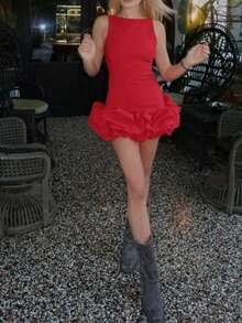DEEKA Sweet Sleeveless Cropped Mini Ruffle Dress For Women, Spring/Summer - Red - View 9