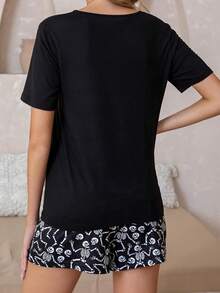 Womens 2 Piece Halloween Pajamas Set Cute Short Sleeve Graphic Print Tops + Shorts Set Lounge Clothes - Mixed Colors - View 2