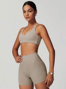 MASKERT Bộ đồ thể thao nữ, bộ áo ba lỗ, bộ tập thể dục, đồ tập yoga, bộ đồ thể thao chạy bộ bó sát, bộ đồ có độ co giãn cao, thoải mái và thân thiện với da, phù hợp cho ở nhà và giải trí. - Màu Khaki - Xem 4