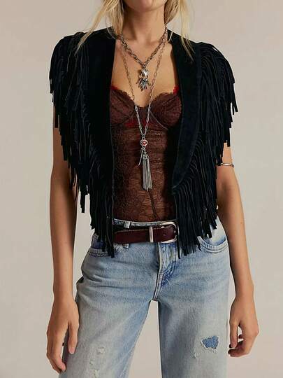 Women Tassel Vest Y2K Sleeveless Fringe Wide Eyes Suede Collar Shawl Open Front Boho Western Jacket Cardigan