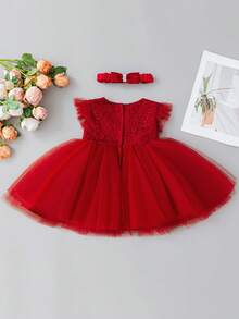 0-2岁女婴酒红色蕾丝薄纱连衣裙，生日派对服装 - 酒紅色 - 查看 2