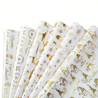 6 件圣诞礼品包装纸，金色和白色主题，带有精灵、雪花、驯鹿图案，豪华圣诞礼品包装材料