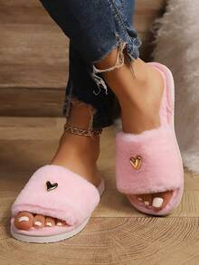 Dép lê nữ đơn giản thời trang họa tiết trái tim, lót lông mềm mại, hở mũi, thoải mái cho phòng ngủ và phòng khách, thích hợp cho mùa xuân/thu. - Hồng - Xem 5