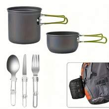 TAIMASI Deluxe Camping Cookware Kit - 15-Piece Stainless Steel Utensil Set With Forks, Knives & Spoons | Compact For Outdoor Adventures - Seasonal Essential For: • Labor Day Camping Trips • Thanksgiving RV Meals • Christmas Gift For Adventurers • New Year's Travel Resolutions - 綠色 - 查看 5