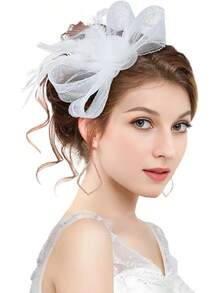 Unpifolov Fascinators Hats Flower Mesh Feathers Headband Tea Party Wedding Derby Cocktail Hair Clip Headwear Girls Women - 白色 - 查看 1