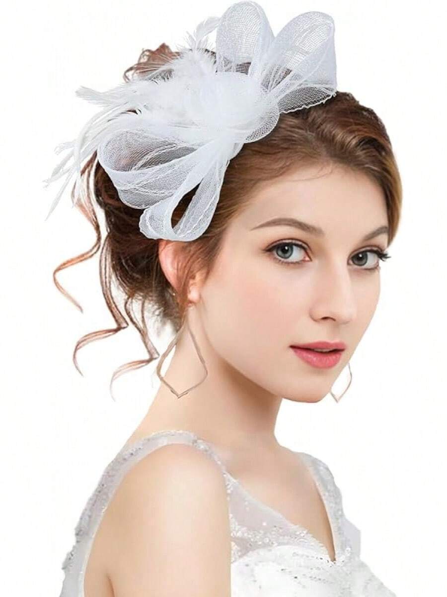 Unpifolov Fascinators Hats Flower Mesh Feathers Headband Tea Party Wedding Derby Cocktail Hair Clip Headwear Girls Women - 白色 - 查看 1