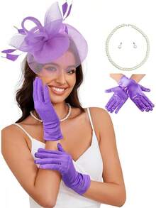 Ibeauti Fascinator Hats With Screentouch Lace Gloves Set Women Tea Party Cocktail Wedding Derby Headwear Short Gloves - 07紫色 - 查看 1