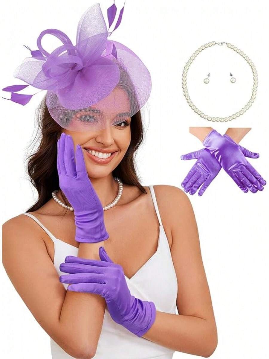 Ibeauti Fascinator Hats With Screentouch Lace Gloves Set Women Tea Party Cocktail Wedding Derby Headwear Short Gloves - 07紫色 - 查看 1