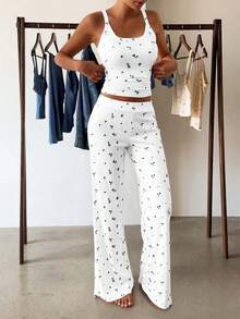 GAOVOT Women's Two Pieces Summer Home Leisure Sports Running Exercise Print Sleeveless Vest Top And Loose Wide Leg Straight Pant Suit - White - View 5