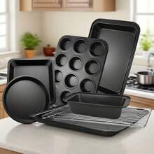 7-Piece Non-Stick Carbon Steel Baking Pan Collection,Including Round & Square Cake Pans, Bread Loaf Pan, Muffin Tin, Cookie Baking Sheet, Oven Pan With Cooling Wire Rack - 黑色 - 查看 1
