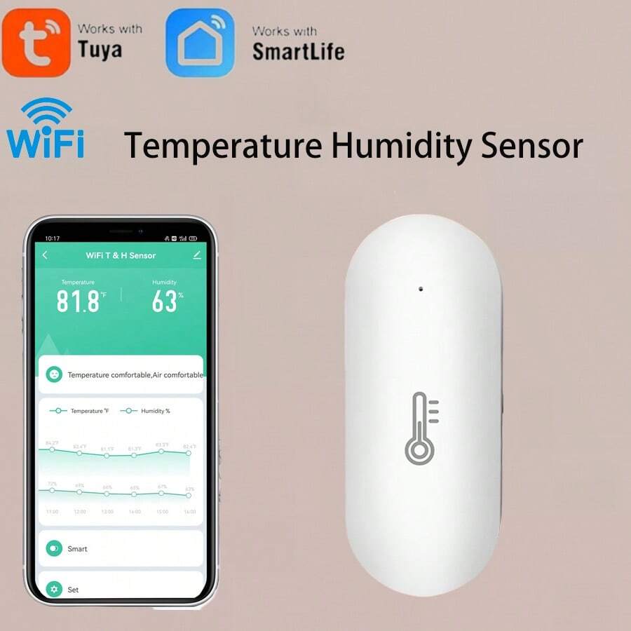1 New Type Of Smart Temperature And Humidity Sensor, Equipped With Wireless Tuya Smart WiFi, Featuring Temperature And Humidity Sensing And Humidity Measurement Functions; One-Click Data Check Via APP. Suitable For Families With The Elderly And Children, Offices, And Garden Scenarios. (Battery Not Included)