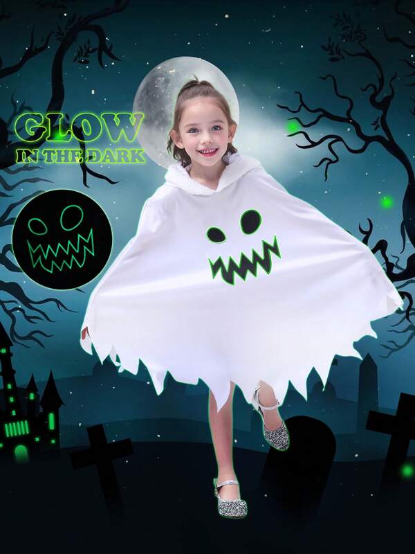 Kids Ghost Hooded Cape Cloak Poncho - Spooky Glow - In - The - Dark Ghost Face (Non - Electronic), Adorable Fun & Easy Wear For Halloween Party, Cosplay & Stage Performance